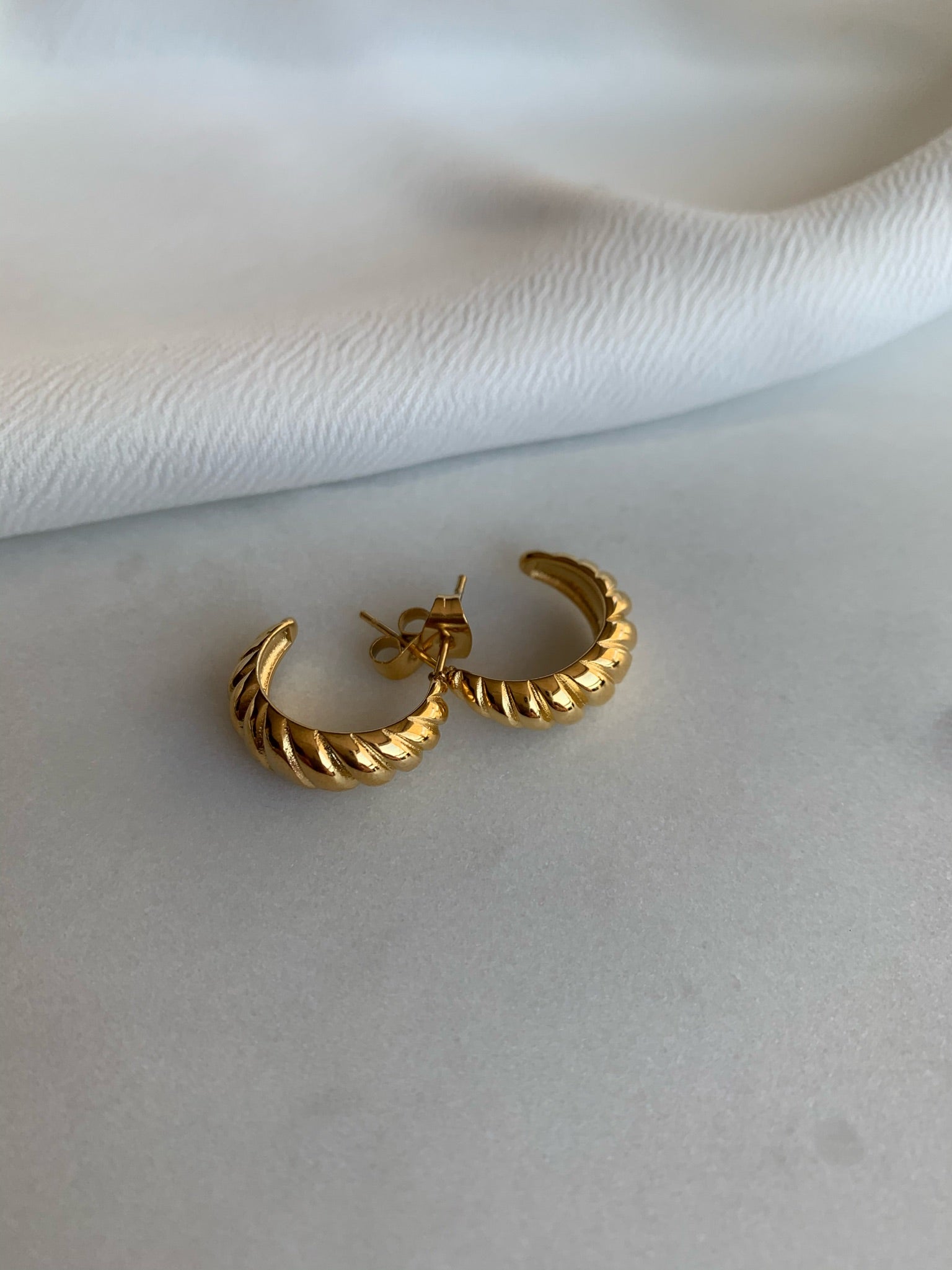 Cute croissant style earrings to match your ring & add to your ear stack! 14 Karat Gold Plated Hypoallergenic Tarnish Resistant 15mm hoops | Easy Croissant Earrings | Handmade Jewelry EasyClubCo
