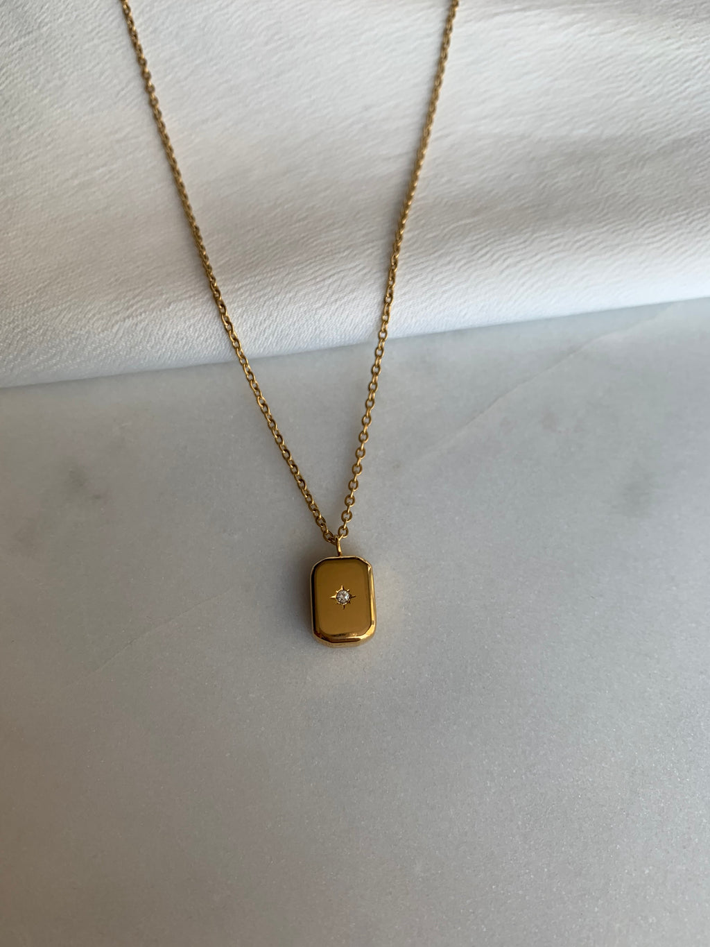 Chic necklace with small rectangle pendant & cz centre stone. Stack with any base chain necklace! 14 Karat Gold Plated Hypoallergenic Tarnish Resistant 45cm length, adjustable | Droplet Necklace | Handmade Jewelry EasyClubCo