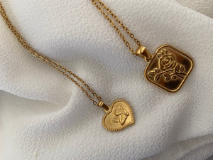 Simple & cute rose engraved in small chain charm necklace. 14K Gold Plated Hypoallergenic Tarnish Resistant 10mm x 10mm square charm | Rose Charm Necklace | Non-tarnish 14k Jewellery EasyClubCo