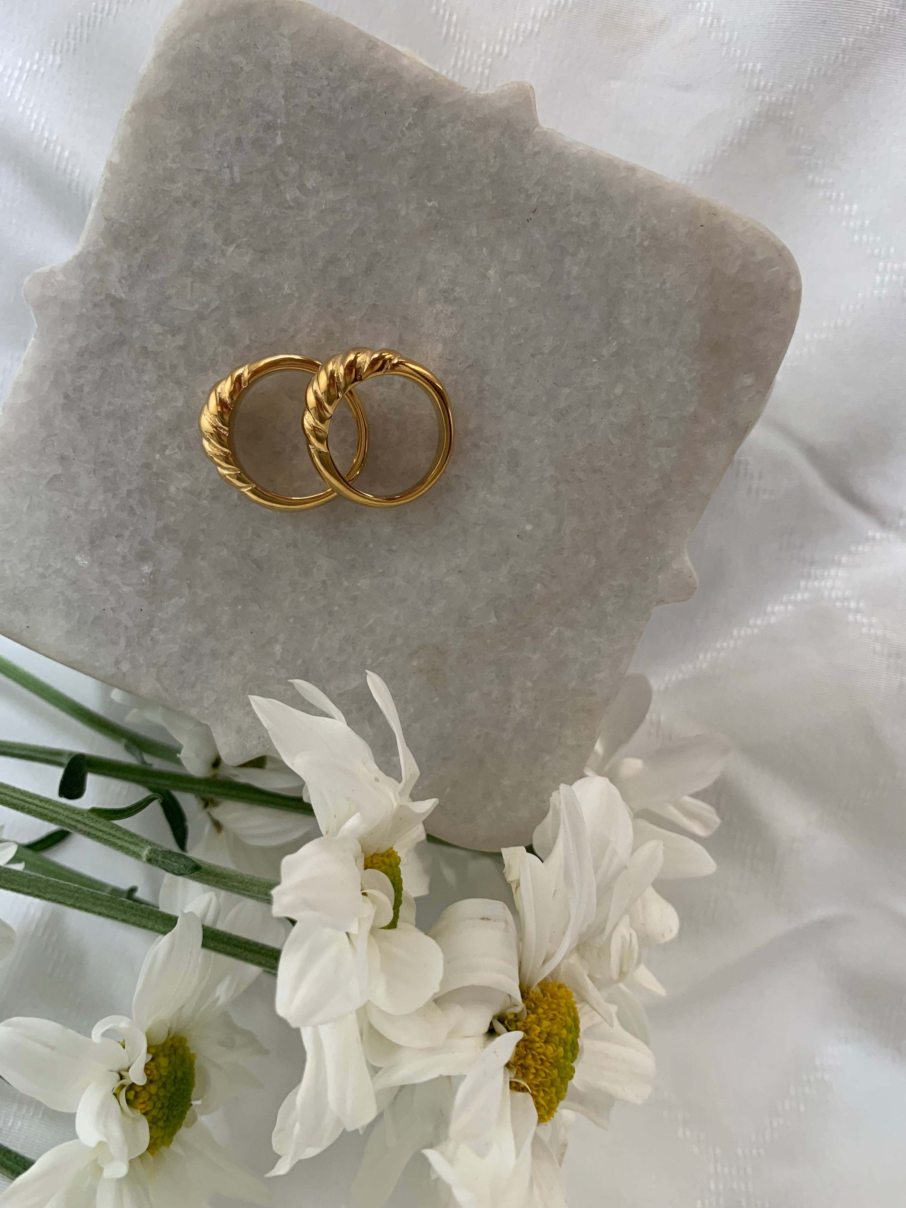 Small style croissant ring--one of our most popular styles, always selling out so grab while in stock! 14 Karat Gold Plated Hypoallergenic Tarnish Resistant Available in sizes 5, 6, 7 & 8 | Easy Croissant Ring | Handmade Jewelry EasyClubCo